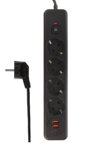 Удлинитель, сетевой фильтр 4 гнезда 3м BY Black, 2*USB, 1*type-C,выкл., 2500Вт, чёрный