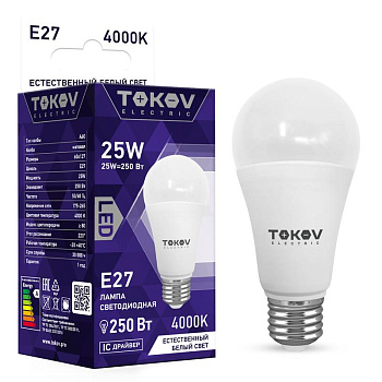 Лампа светодиодная 25Вт А60 4000К Е27 176-264В TOKOV ELECTRIC