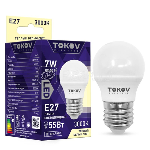 Лампа светодиодная 7Вт G45 4000К Е14 176-264В TOKOV ELECTRIC