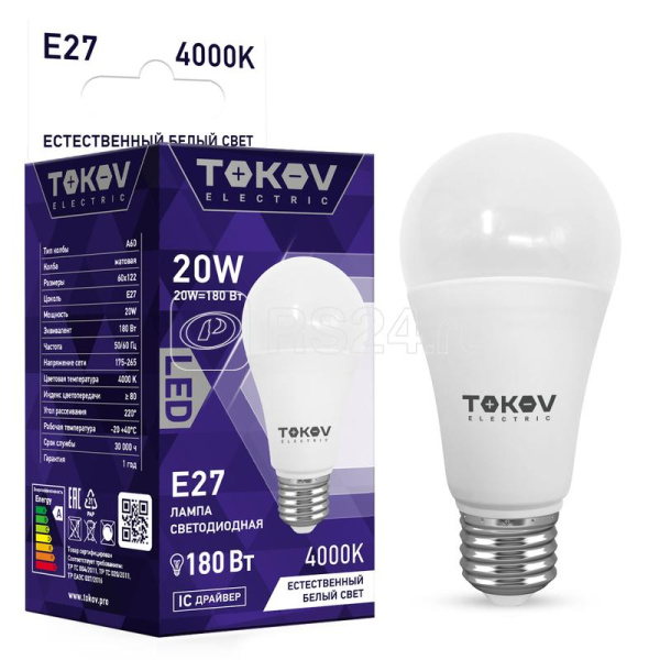 Лампа светодиодная 20Вт А60 4000К Е27 176-264В TOKOV ELECTRIC